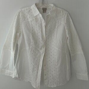 CHICO'S White Button-Up Eyelet Blouse Size OP (US Size 4/6 P) Women's Adj Sleeve